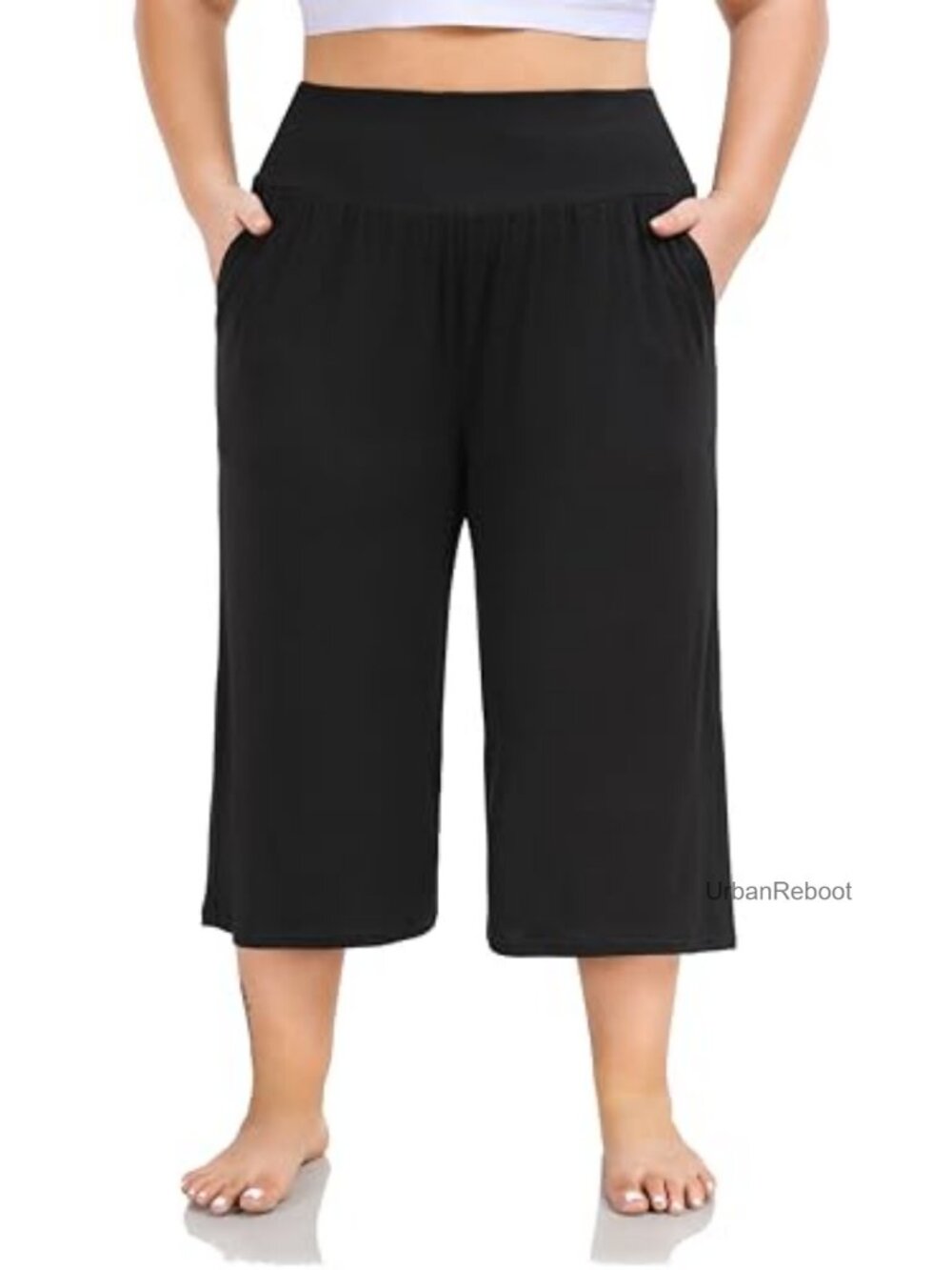 Plus Size Wide Leg Yoga Capris High Waist Loose Lounge Pants with Pockets